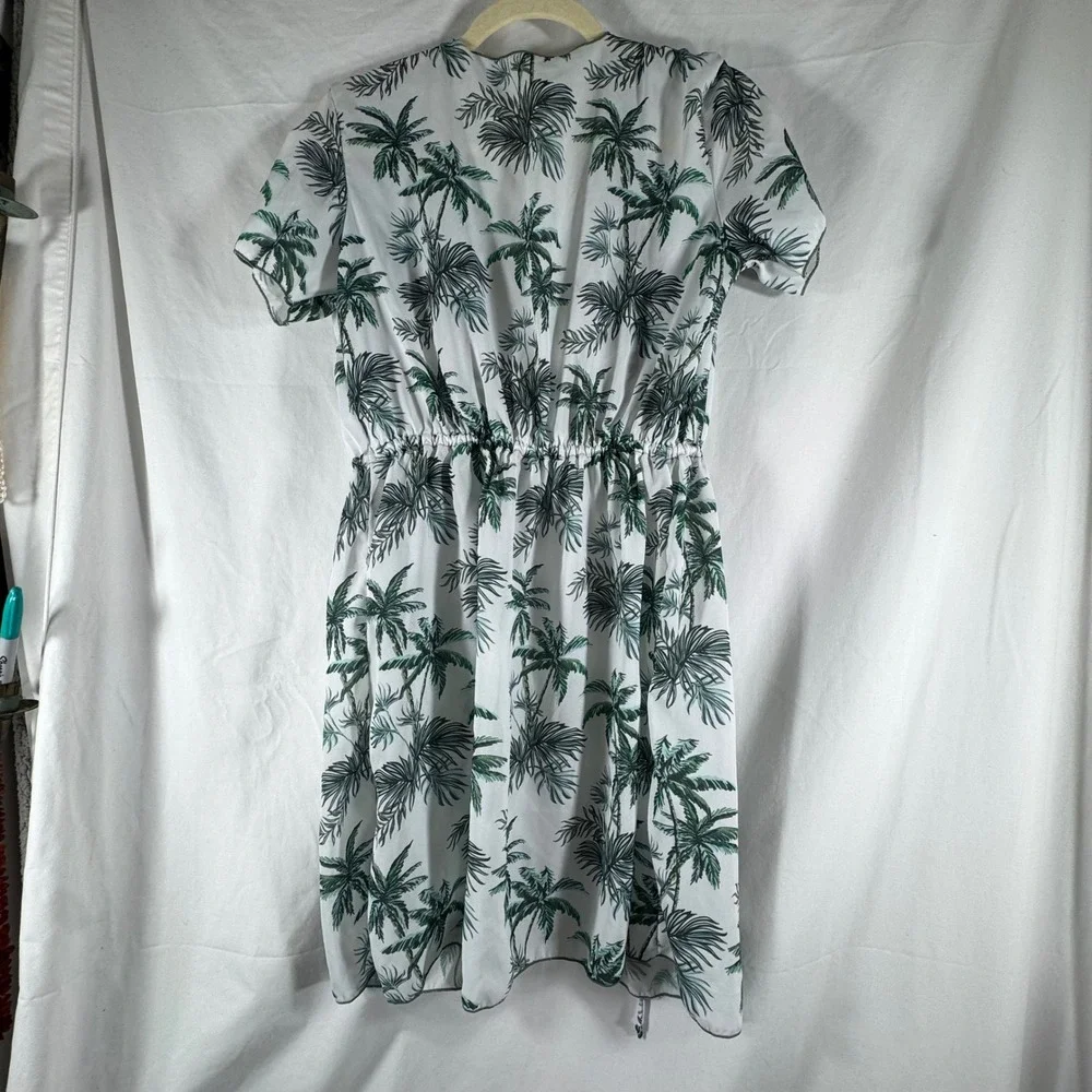 Kids Palm Tree Print Tropical Short Sleeve Elastic Waist Cover Up Dress 15-16Y